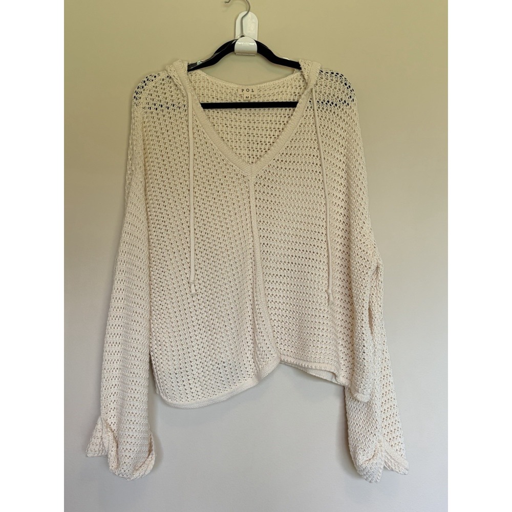 POL Ivory Cream Open Knit Flare Sleeve Hooded Sweater Boho Hoodie Coverup MEDIUM